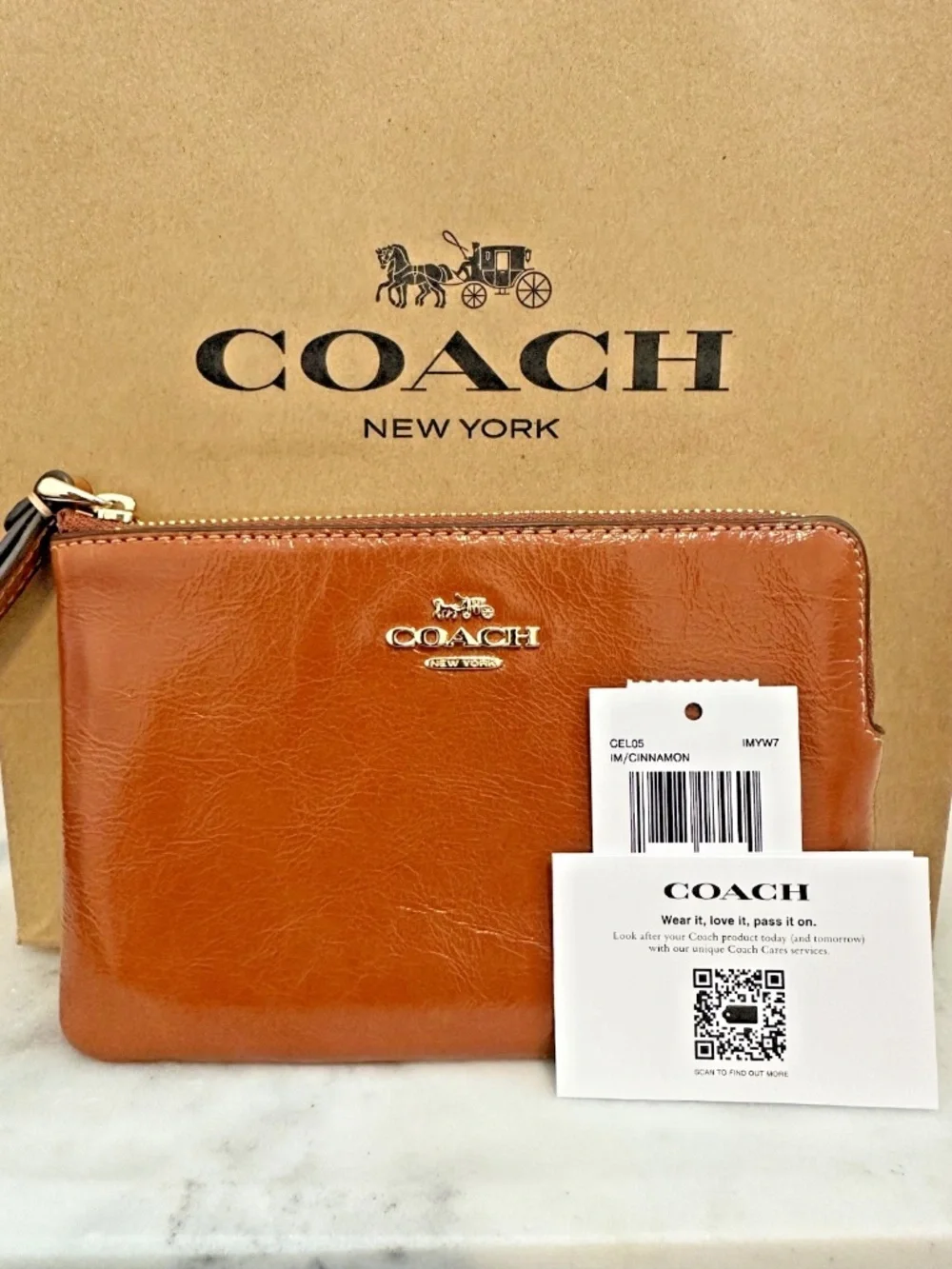 Coach Ashton Wristlet Cinnamon Glazed Shiny Crinkle Leather NWT w/ Paper Bag